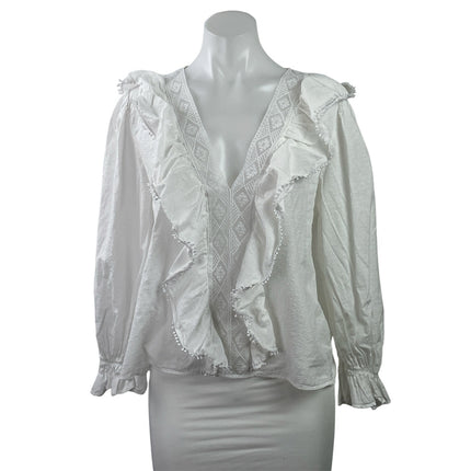 Zara Women's White Long Sleeves Ruffles Eyelet V-neck Embroidered Blouse Top XL
