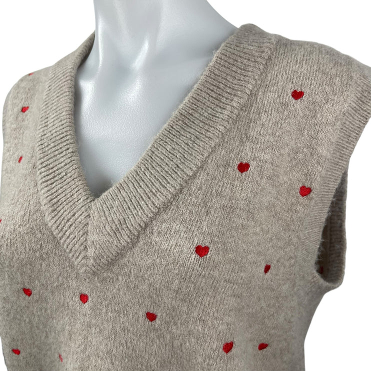 Envii Enredwood Beige Tan Heart Embroidered V-neck Wool Sweater Vest Tank Top S