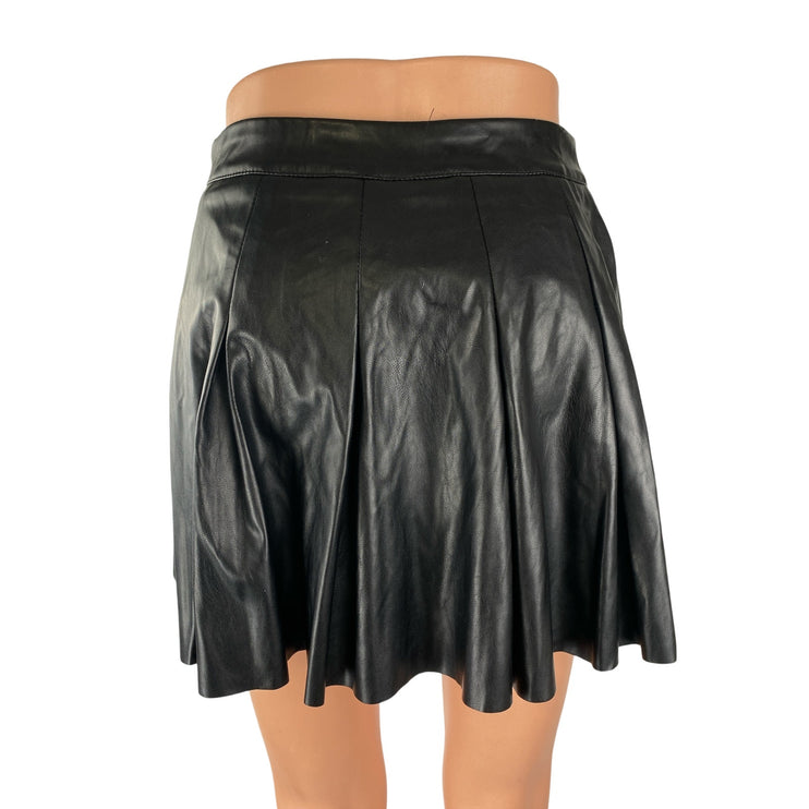 Better Be Women's Black Faux Vegan Leather Pleated Mini Flare A-Line Skirt Sz S