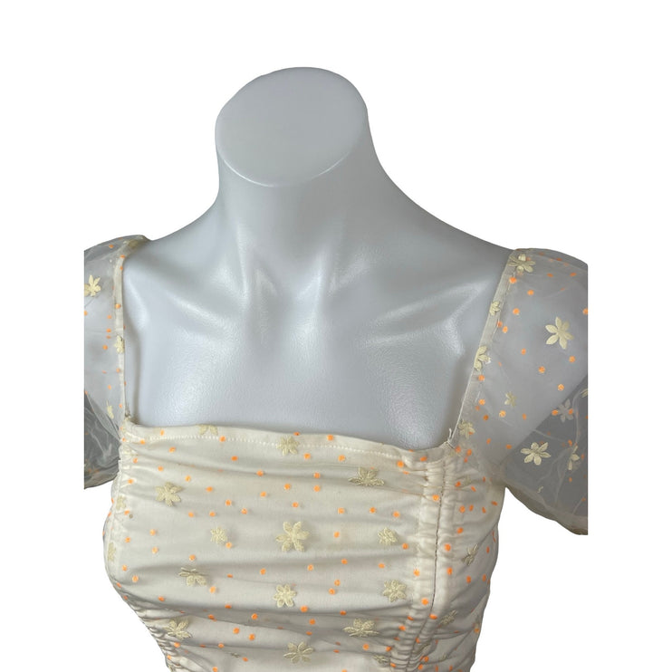Le Lis Daisy Womens Floral Tulle Sheer Mesh Ruched Puff Sleeve Corset Crop Top S