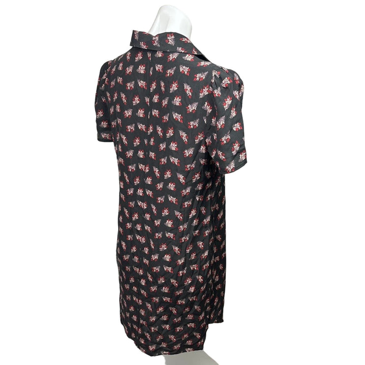 Frame Black Silk Floral Short Sleeve Button Up Collar Mini Shirt Dress Size S