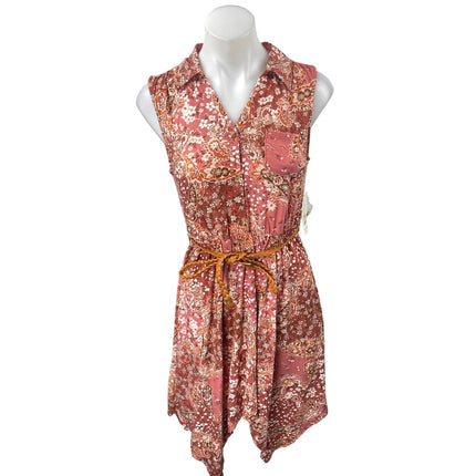 NEW No Boundaries Pink Paisley Floral Button Sleeveless Asysmetric Shirt Dress S