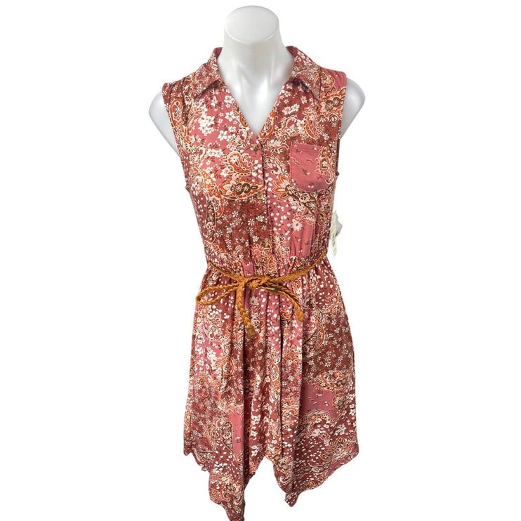 NEW No Boundaries Pink Paisley Floral Button Sleeveless Asysmetric Shirt Dress S