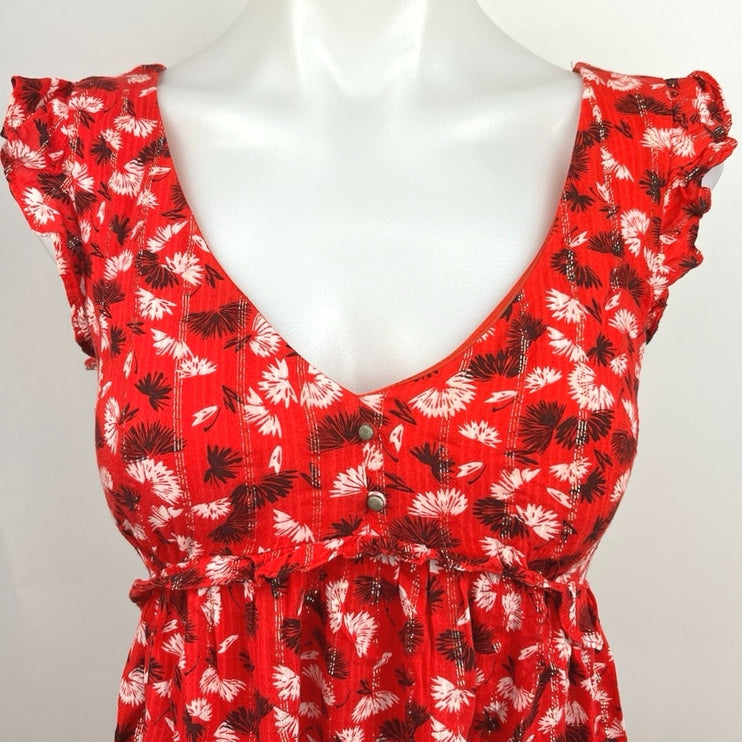 Promod Red V Neck Empire Waist Sleeeless Cutout Button Babydoll Mini Dress Sz 2