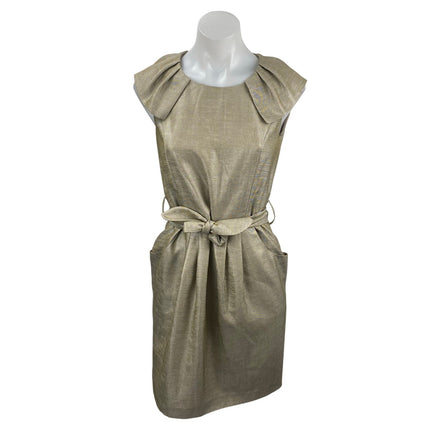 Mojo. S. Phine Women's Gold Ruffle Pleated Belted Midi Sheath A-Line Dress Sz S