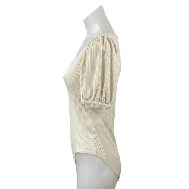 & Other Stories Beige Cream Short Puff Sleeve Scoop Neck Blouse Bodysuit Top M