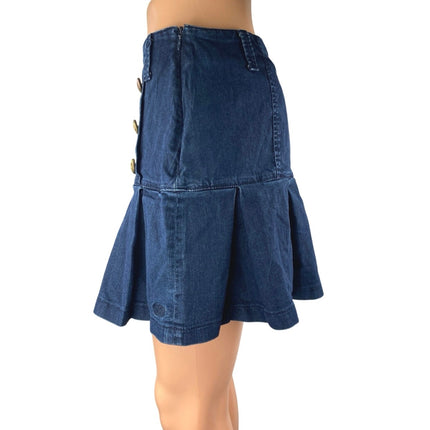E-Land Blue Gold Button Flare Pleated Side Zip A Line Denim Jean Skirt Size S
