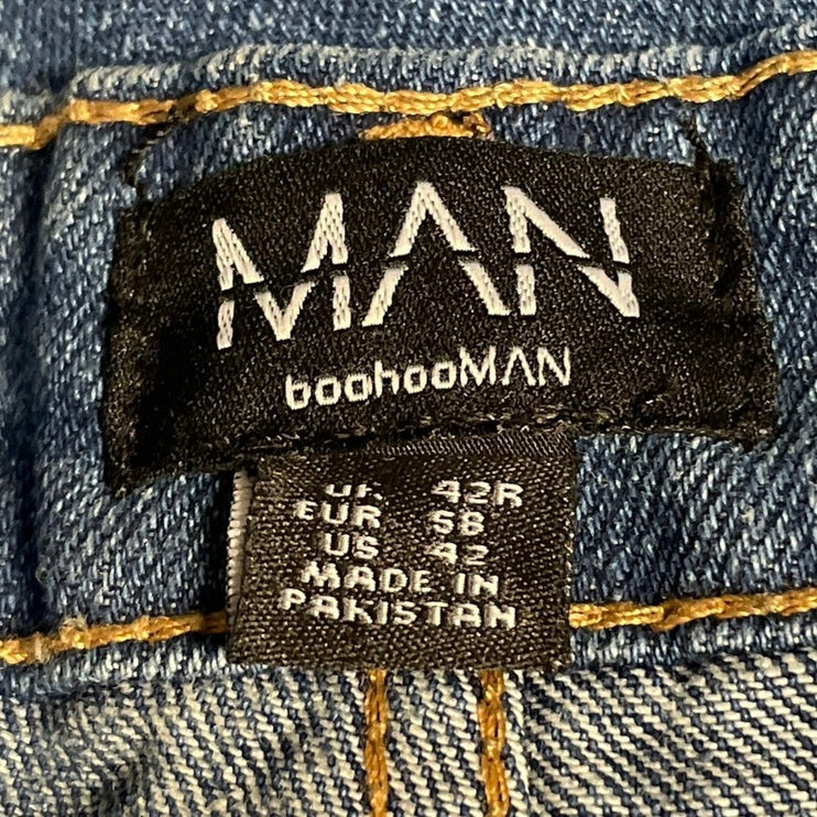boohooMAN Mens Blus Patchworks Applique Carpenter Flared Denim Jeans Pants Sz 42