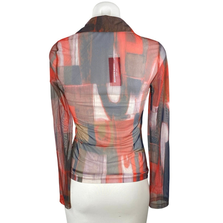 NEW Brooklyn Karma Multicolor Mesh Ruched Long Sleeve Button Sheer Blouse Top S