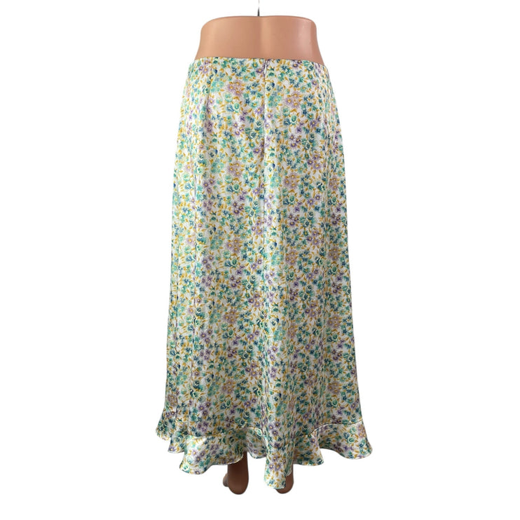 ZARA Multicolor Floral Satin Button Ruffle Hem Slit Midi A-Line Slip Skirt Sz M