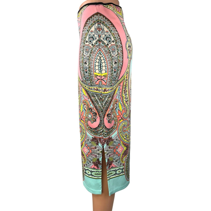 Bisou Bisou Pink Blue Paisley High Waist Pull On Stretch Pencil Midi Skirt Sz S