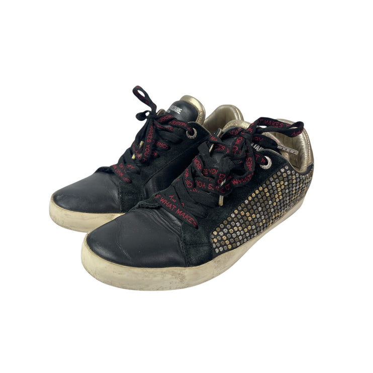 Zadig & Voltaire Black Leather Studded Lace Up Round Toe Sneakers Shoes Size 8.5