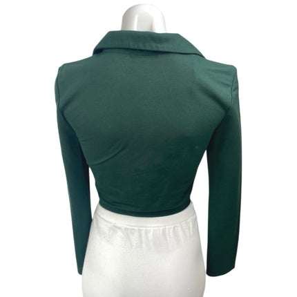 Zara Women's Green Ruched Tie Front Long Sleeve Collared Crop Blouse Top Size S