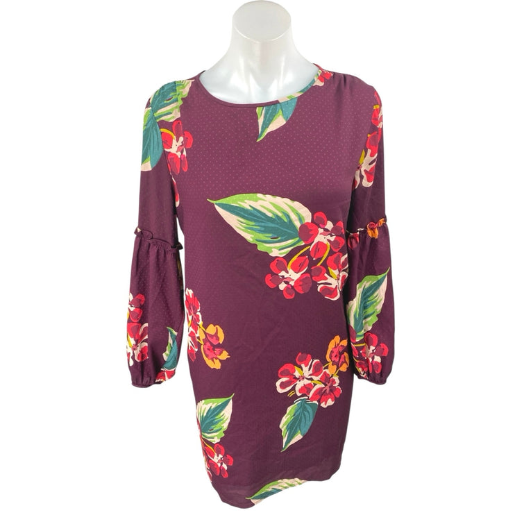Ann Taylor LOFT Purple Floral Leaf Long Balloon Sleeve Mini Shift Dress Size M