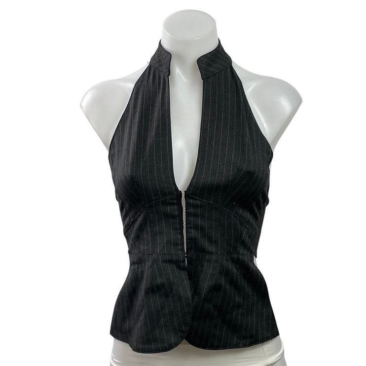 NEW Gimaguas Women Dark Gray Halter Striped Open Back Vest Crop Ring Top Size XS
