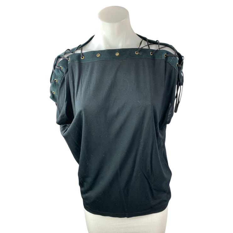 Polo Ralph Lauren Women's Black Lace Grommets Eyelets Short Sleeve Blouse Top M
