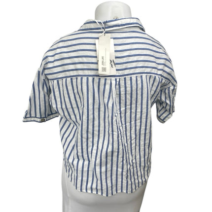 NEW Zara White Blue Striped Short Sleeve Button Pockets Crop Shirt Blouse Top XL