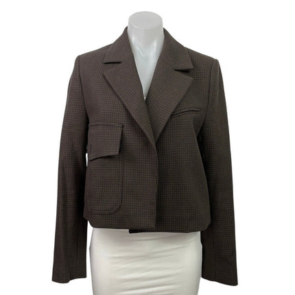Zara Brown Gingham Plaid Cropped Tailored Notch Pocket Blazer Coat Jacket Sz XS