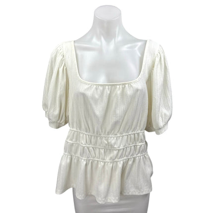 Anthropologie Maeve White Short Puff Sleeve Scoop Neck Peplum Blouse Top Size XL