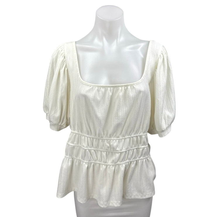 Anthropologie Maeve White Short Puff Sleeve Scoop Neck Peplum Blouse Top Size XL