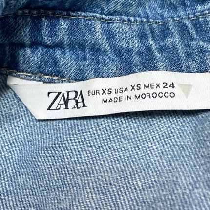 Zara Women's Blue Long Sleeve Pocket Button Up Cropped Denim Jean Jacket Size XS