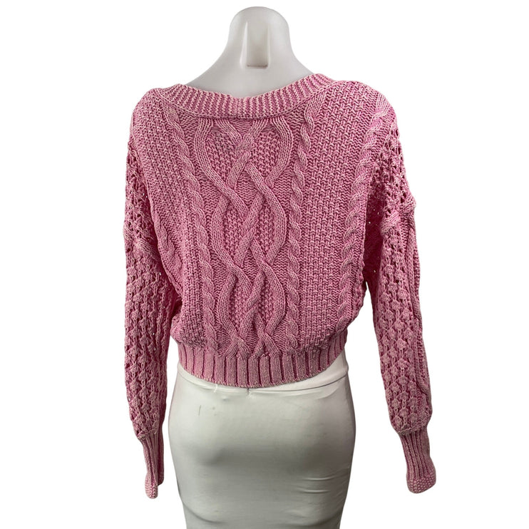 Anthropologie Pilcro Pink Cable Knit V Neck Cropped Button Cardigan Sweater XSP