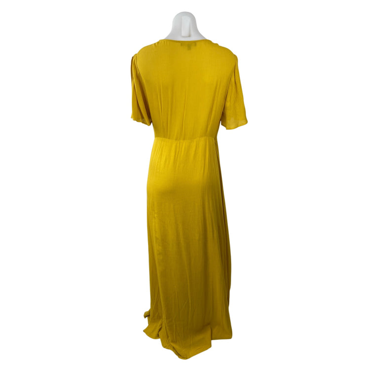 Lulus Much Obliged Women's Yellow Deep V Neck Short Sleeve Maxi Wrap Dress Sz L