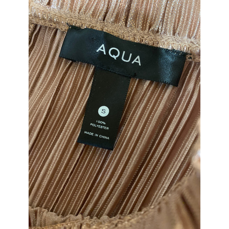 Aqua Womens Brown Ruffle Mock Neck Plisse Pleated Long Sleeve Blouse Top Size S