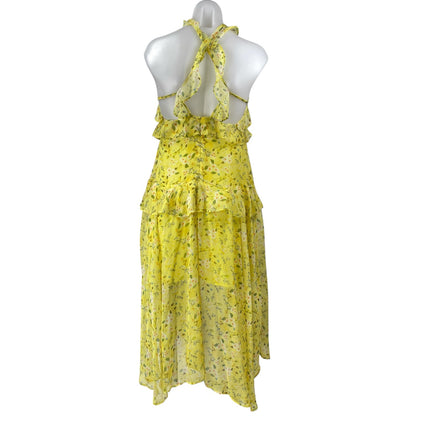Aqua Yellow Floral Ruffled Silk Sleeveless Halter Neck Zip Midi A-Line Dress Size M