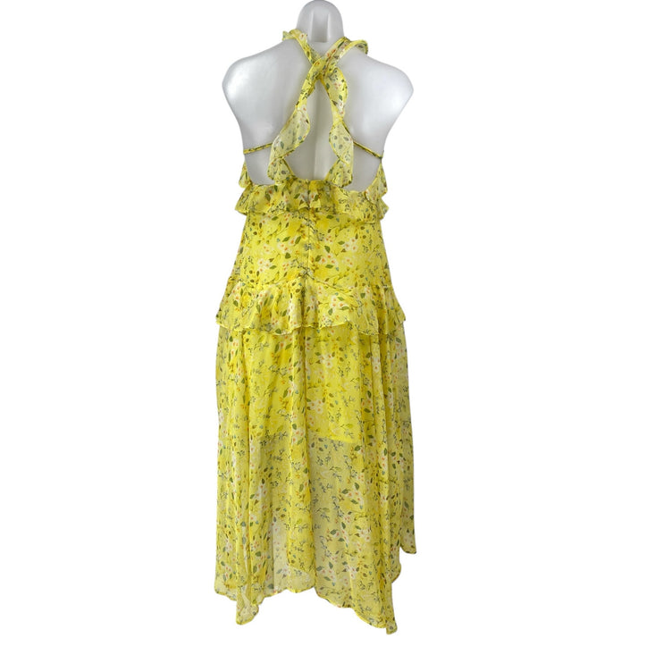 Aqua Yellow Floral Ruffled Silk Sleeveless Halter Neck Zip Midi A-Line Dress Size M