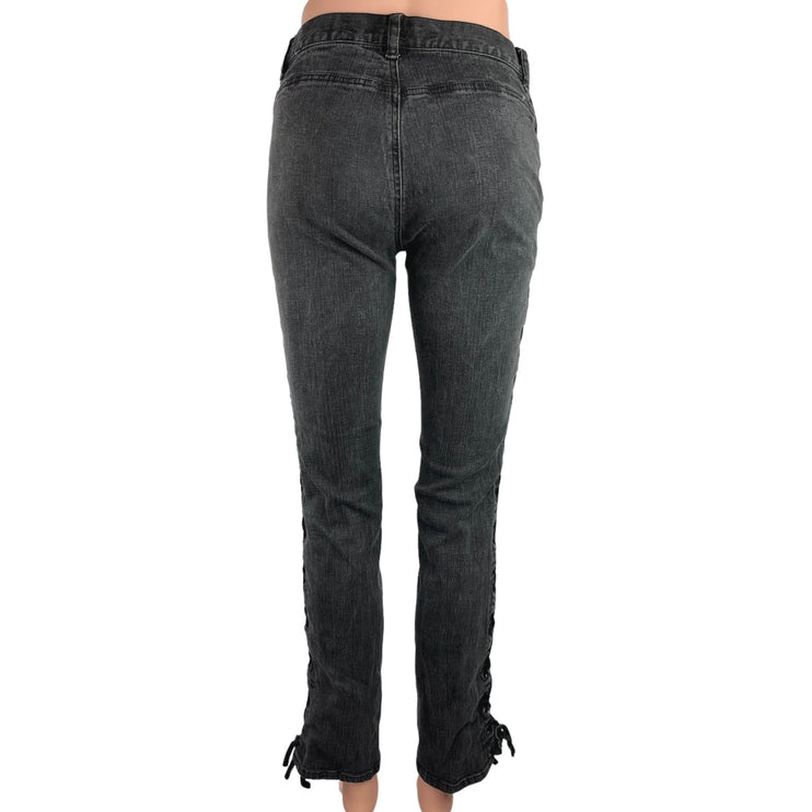 DKNY Jeans Women Black Mid Rise Flat Front Side Corset Lace Skinny Denim Jeans 3