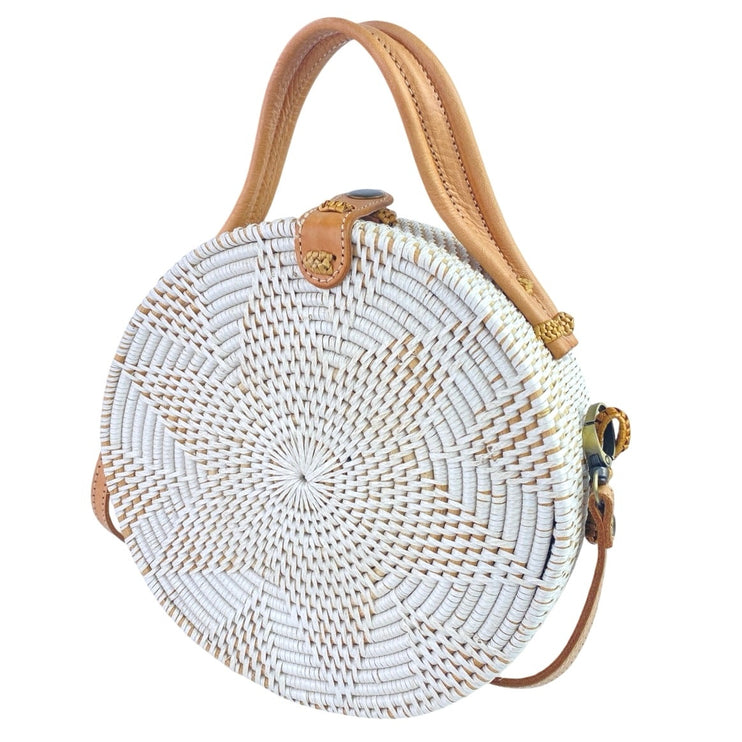 Street Level White Tan Round Crossbody Sling Strap Boho Bali Rattan Handbag OS