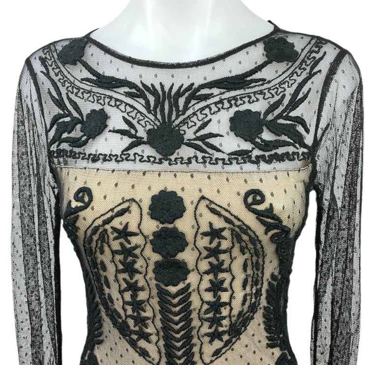 Willow & Clay Black Cream Mesh Lined Embroidery Lace Long Sleeve Bodysuit Top XS