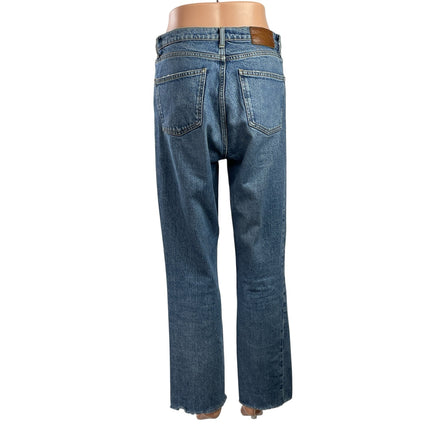Zara Blue Medium Wash High Waist Frayed Hem Straight Leg Denim Jeans Pants Sz S