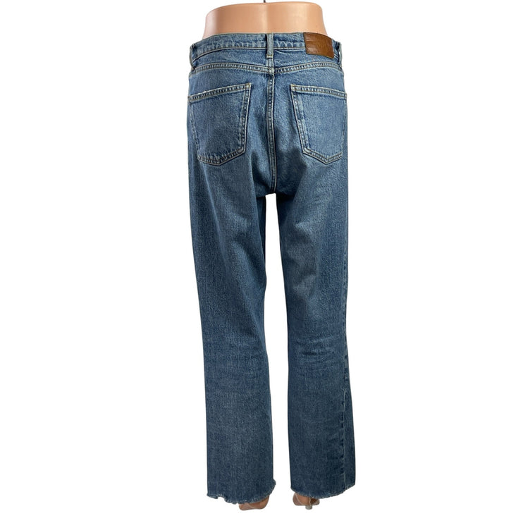 Zara Blue Medium Wash High Waist Frayed Hem Straight Leg Denim Jeans Pants Sz S
