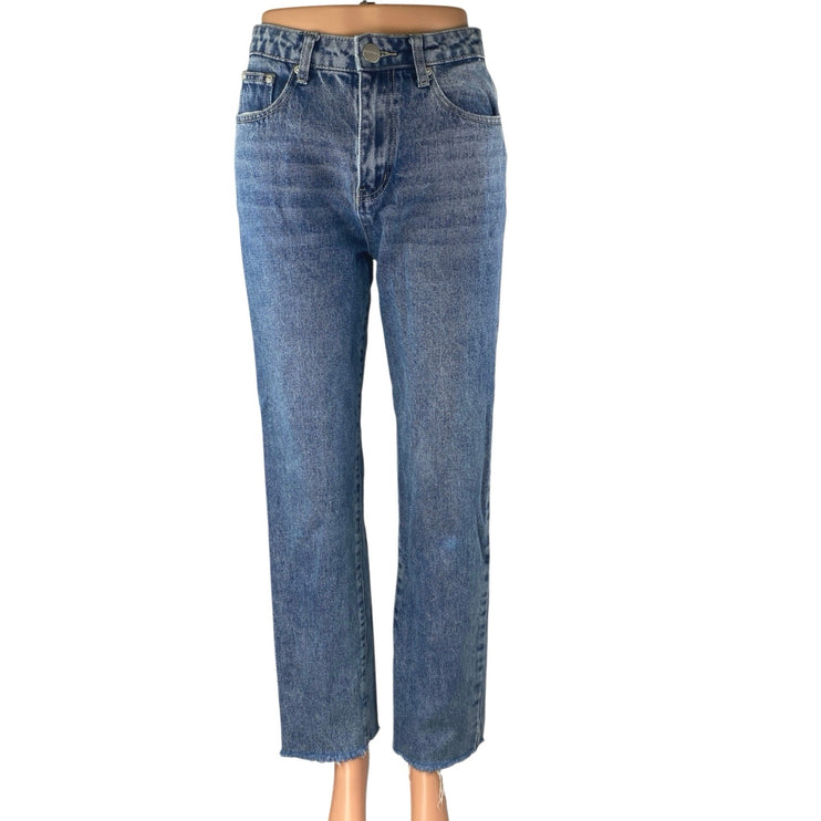 Superdown Women's Blue Frayed Raw Hem High Waisted Straight Denim Jeans Pants 25