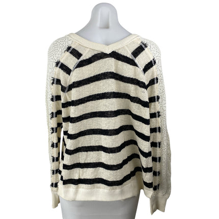Free People Women's White Black Striped Crochet Long Sleeve Knit Sweater Top S