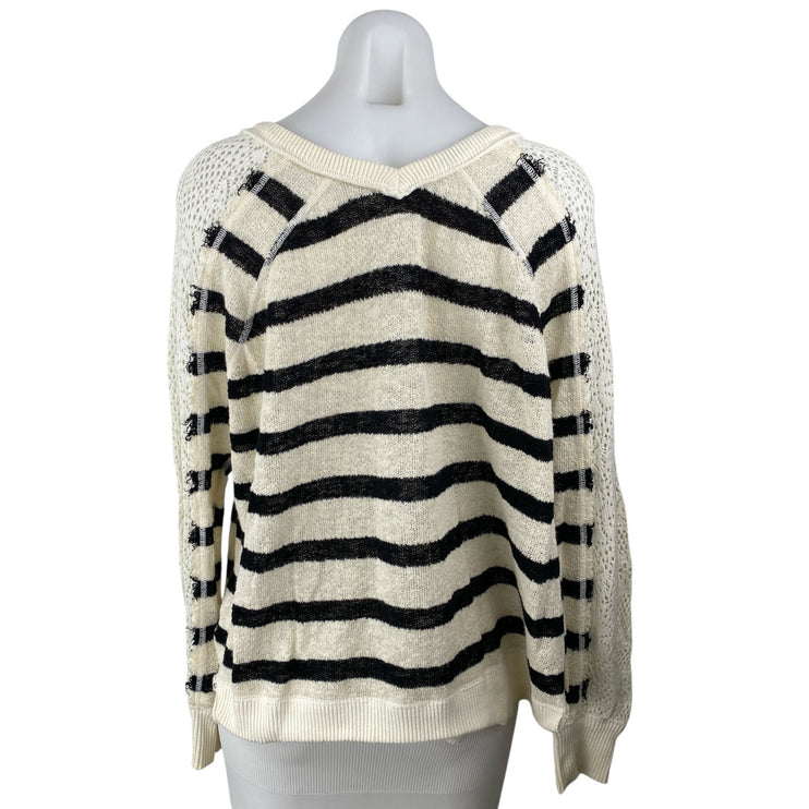 Free People Women's White Black Striped Crochet Long Sleeve Knit Sweater Top S
