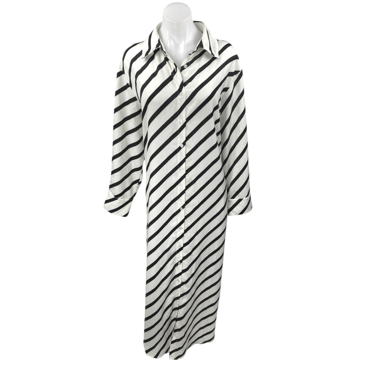 Eloquii Black White Striped Long Sleeve Slit Belted Button Maxi Shirt Dress 14