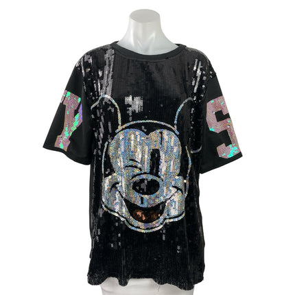 Women's Black Mickey Mouse Sparkly Sequin Oversized T Shirt Tunic Top Size L