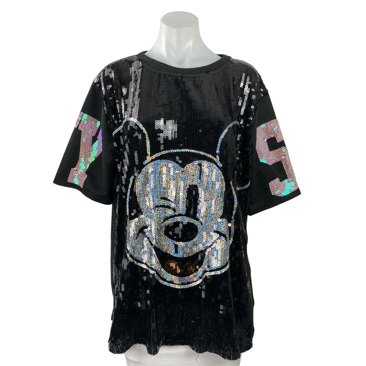 Women's Black Mickey Mouse Sparkly Sequin Oversized T Shirt Tunic Top Size L