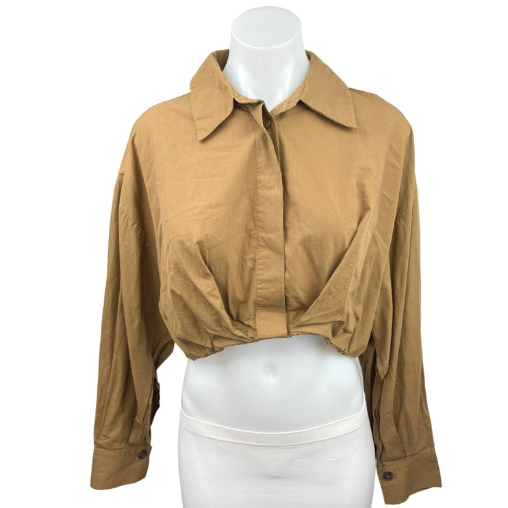 Zara Brown Collared Casual Long Sleeve Cropped Button Down Shirt Top Size M