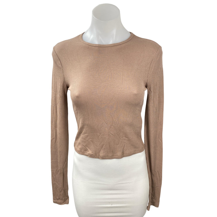 Abercrombie & Fitch Womens Beige Ribbed Crew Neck Long Sleeve Crop Sweater Top S