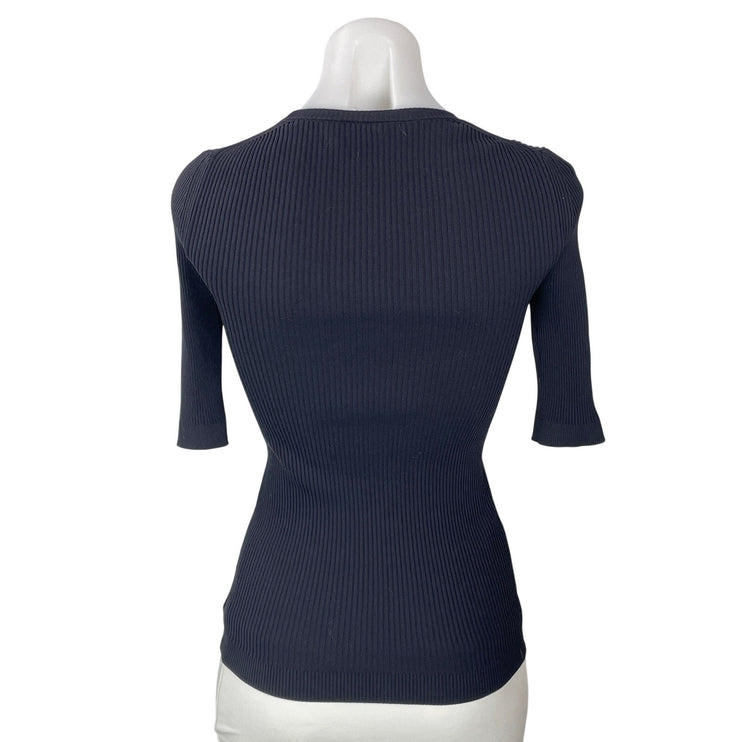 Theory Women's Black Half Sleeves Ribbed Knit Crew Neck Tee Sweater Top Size S