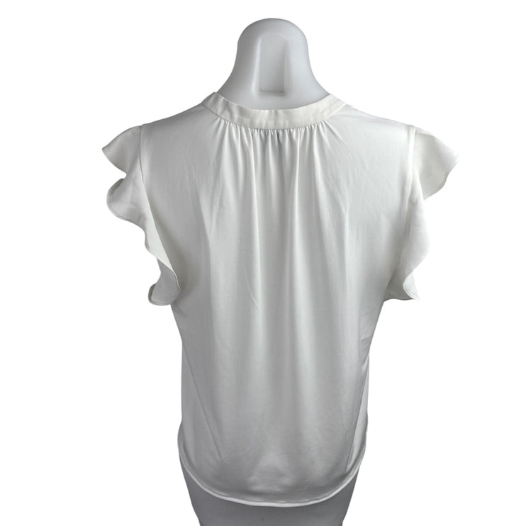 Ann Taylor Women's White Ruffle Flutter Sleeve Tie V-Neck Blouse Top Size XS