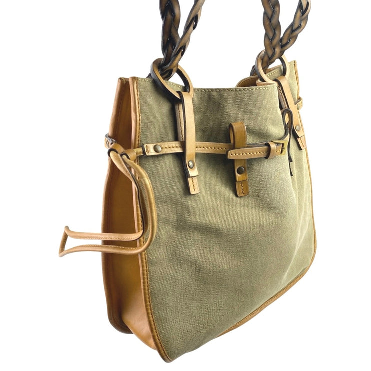 Gucci Women's Gray Green Braided Leather Straps Canvas Tote Shoulder Hand Bag