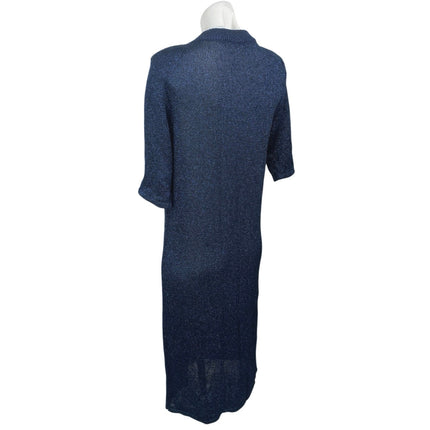 Manoush Blue Metallic Pearl Button Short Sleeve Knit Midi Sweater Shirt Dress L