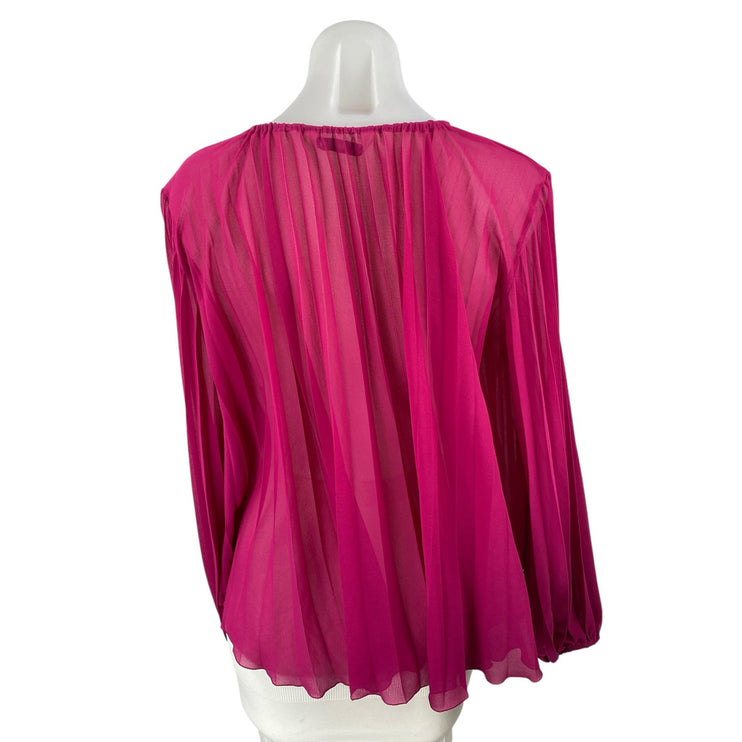 Zara Women's Pink Long Sleeve Mesh Sheer Tie Pleated Plisse Blouse Top Size S