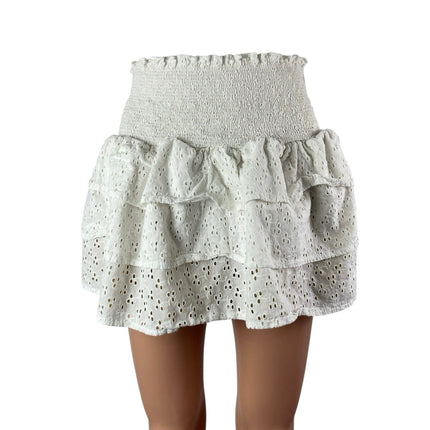 Lolli White Smocked Embroidered Eyelet Tiered Ruffle High Waist Mini Skirt Sz M