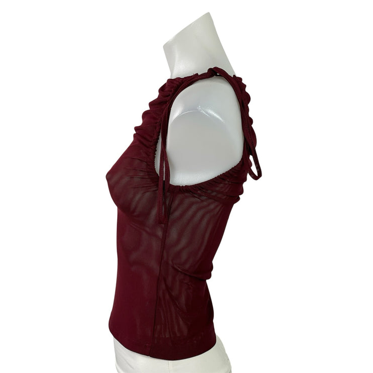 Edikted Jupiter Burgundy Red One Shoulder Long Sleeve Mesh Sheer Blouse Top Sz S